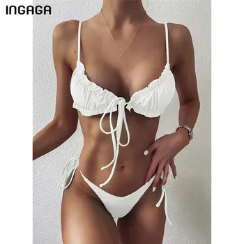 

INGAGA Push Up Bikinis Swimwear Women Ruffle Swimsuits White Biquini Bathing Suits Thong Swim Suit 2020 String Bow Bathers