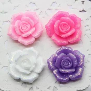 

10pcs Mix Colors 26mm Resin Glitter Rose Flower Flatback Cabochon DIY Scrapbooking Decorative Craft Making