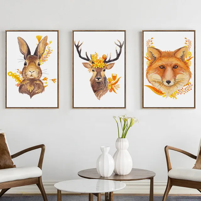 

Modern Nordic Poster Rabbit Flower Deer Fox Oil Painting Wall Art Prints Minimalist Animal Pictures Of Childrens Room Decor