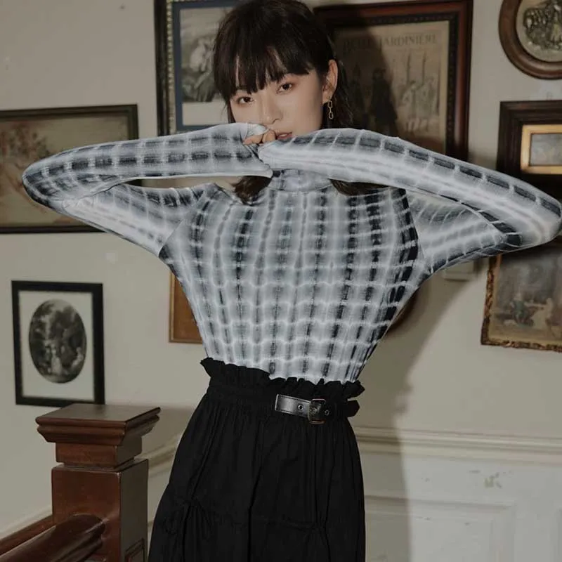 2020 Summer Women Designer Tie Dye Print T Shirt Korean One-Piece Turtle Neck Long Sleeve Underwear Clothing Top Female