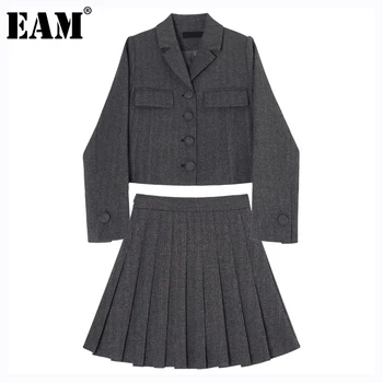 

[EAM] Pleated Half-body Skirt Woolen Two Pieces Suit New Lapel Long Sleeve Black Loose Women Fashion Spring Autumn 2020 1DC502