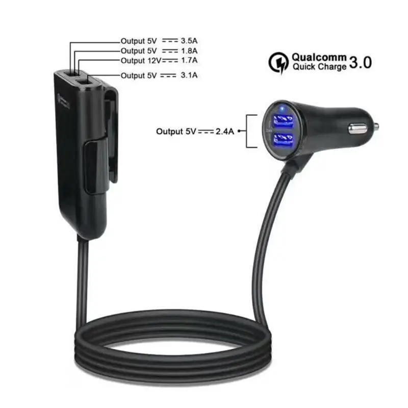 Универсальное автомобильное зарядное устройство с 4 usb-портами, Передняя Задняя часть сиденья QC3.0, быстрая зарядка для телефона