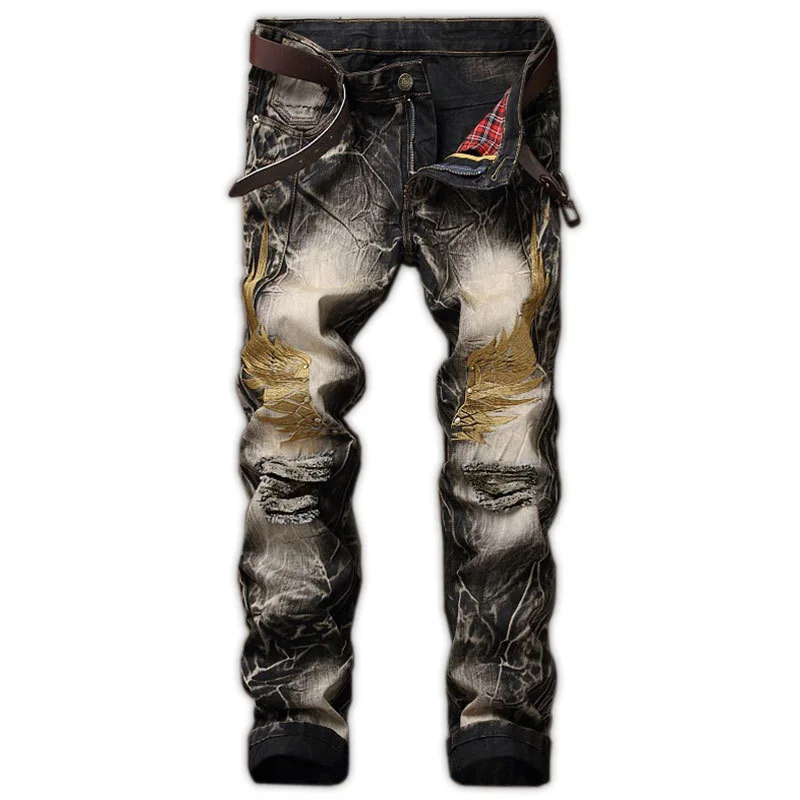 

New Style with Holes Jeans Europe And America Men'S Wear Retro Fashion-Men's Trousers Straight Slim Wing Embroidered Tie