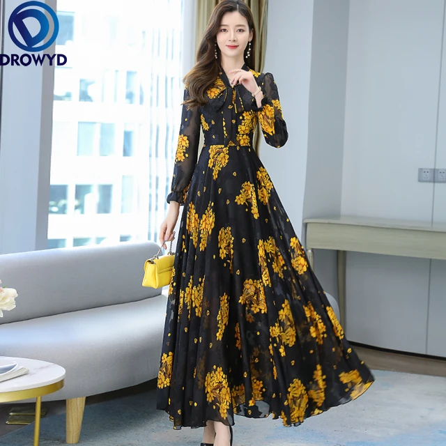 Summer Black Print Maxi Dress New Arrival High Quality Flower Long Sleeve Women Chiffon Long Dress  1