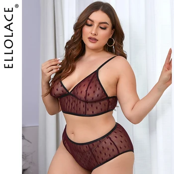 

Ellolace Plus Size Lingerie Wave point Underwear Set See Through Bra Set Transparent Bra and Highwaist Panties Erotic Lingerie