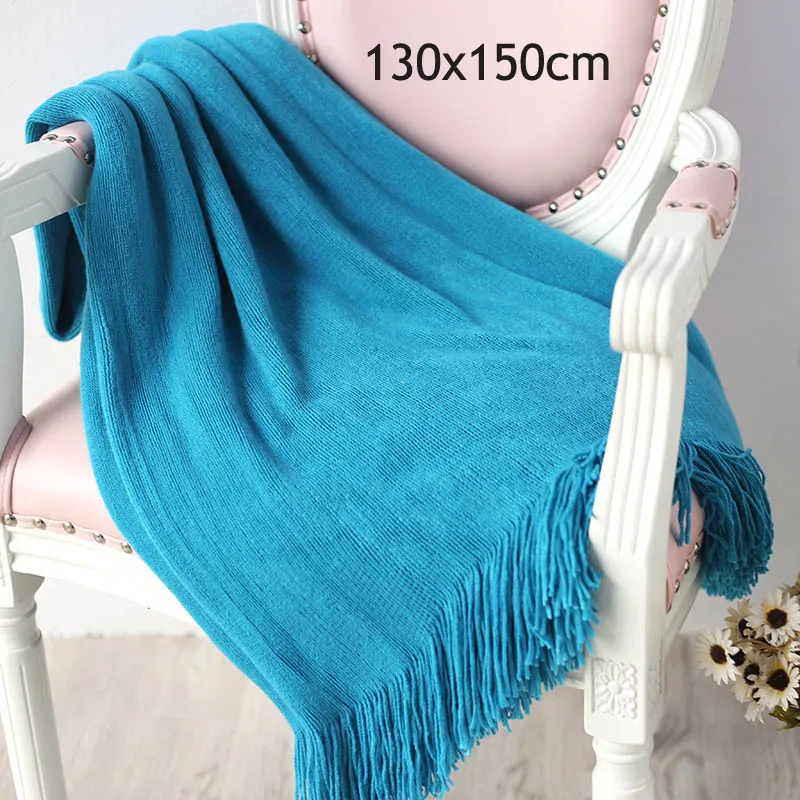 Вязаное декоративное одеяло с кисточкой для кровати/дивана/офиса/кемпинга/Путешествия/сна - Цвет: peacock blue