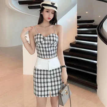 

Fashion Women checkerboard 2 Piece Set Bodycon Skirt Crop Top off shoulder Tank Summer two piece set Bandge gingham Mini Skirt