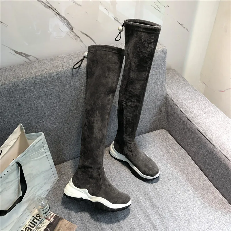 Meotina Winter Thigh High Boots Women Slim Stretch Flat Platform Over The Knee Boots Zipper Round Toe Shoes Lady Autumn Size 39 - Цвет: Gray Velvet Lining