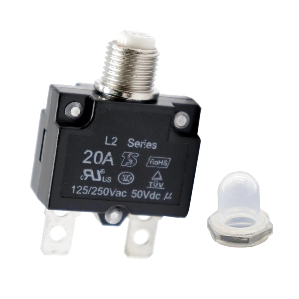 20 Amp Circuit Breaker Push-Button Reset with Quick Connect Terminals and Clear Waterproof Button Cover