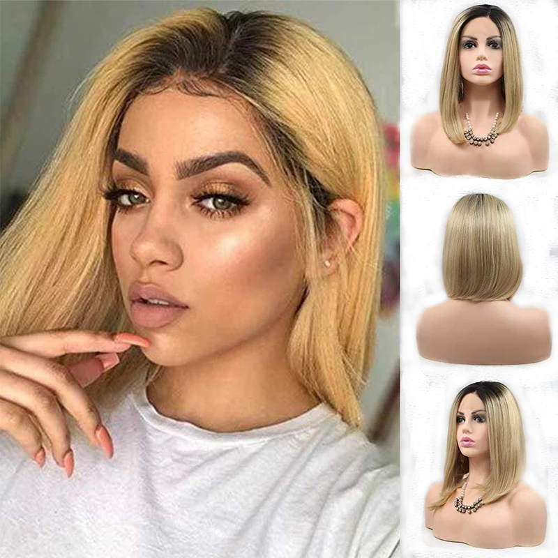 

Short Bob Wig Ombre Blonde Side Part Heat Resistant Synthetic Lace Front Wigs for Women Dark Root Blonde Short Haircut Hand Tied