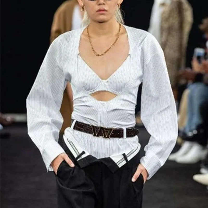 spring fashion sexy hollow fake two pieces of wild slim slim stripe one-piece shirt women