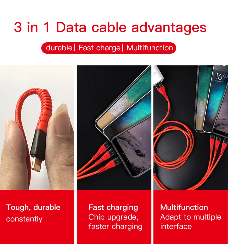 3 in 1 USB Cable for iPhone Xs max Xr X 8 7 6 plus 6s 3A Fast Charging Cable Cord (3)