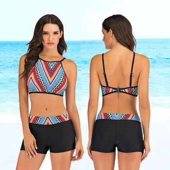 

2019 New Arrival Female's Bathing Suit Black Top Ruffled With High Waisted Bottom For Women's Daily print Dress Femme De Bain