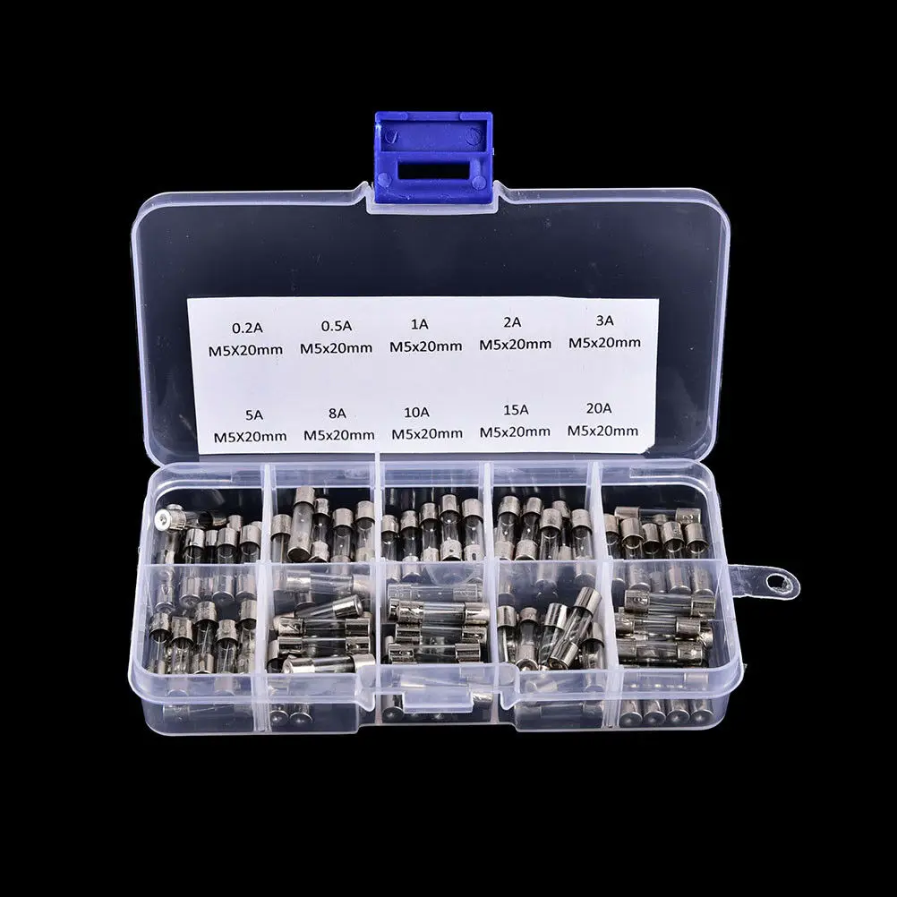 

100pcs/lot Set Kit 5x20mm Fuse Assorted Kits DIY Quick Blow Glass Tube Fast-blow Glass Fuses 0.2A-20A