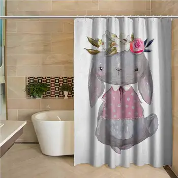 

Kids Waterproof and Colorful Shower Curtain Young Girl Summer Hare in Oil Painting Style with Flowers on Her Head Pink Cheeks