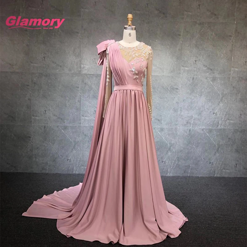 『Cheap!!!』- Morandi Blue Long Sleeves Chiffon Beaded Applique
Shoulder Bow Shawl Sexy Evening Gown