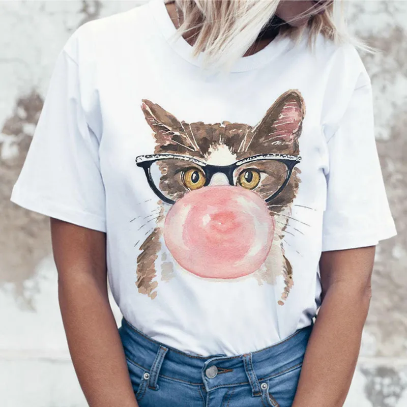 Забавный Кот Повседневная футболка с коротким рукавом для женщин Harajuku Новая летняя футболка Kawaii кошки белая футболка модные топы футболки женские - Цвет: p1555-1