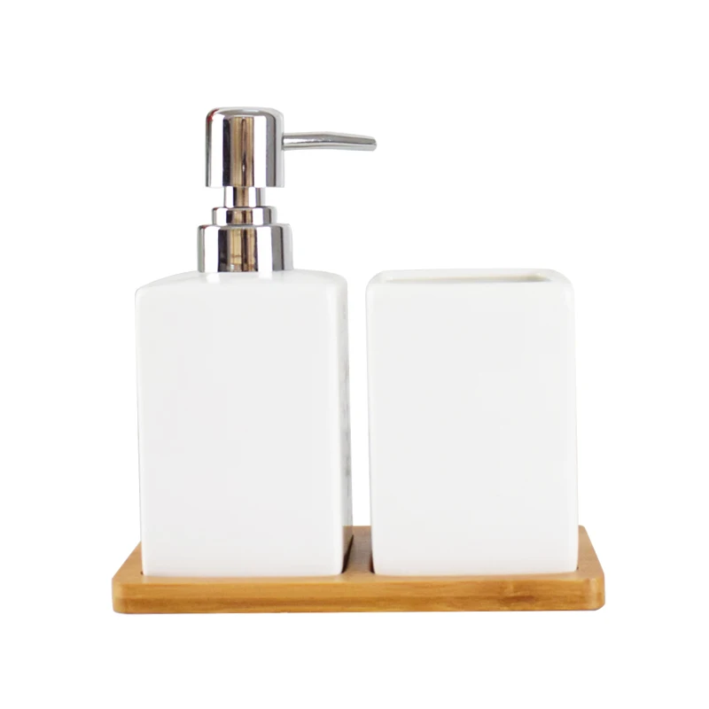 

2pcs/set of Ceramic Hand Sanitizer Bottle Shower Gel Bottle Bathroom Set with Bamboo Wooden Tray Liquid Soap Dispenser
