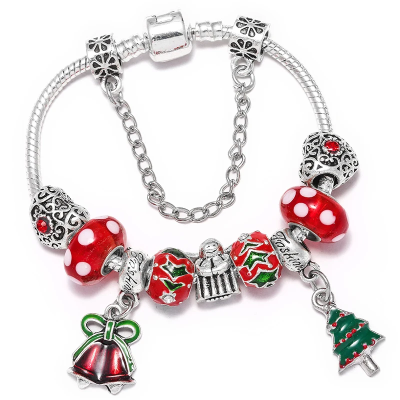 Pulsera con colgante de árbol de Navidad y campana de 19 estilos, color plateado, para mujeres y niños, hecha a mano, regalo de joyería navideña