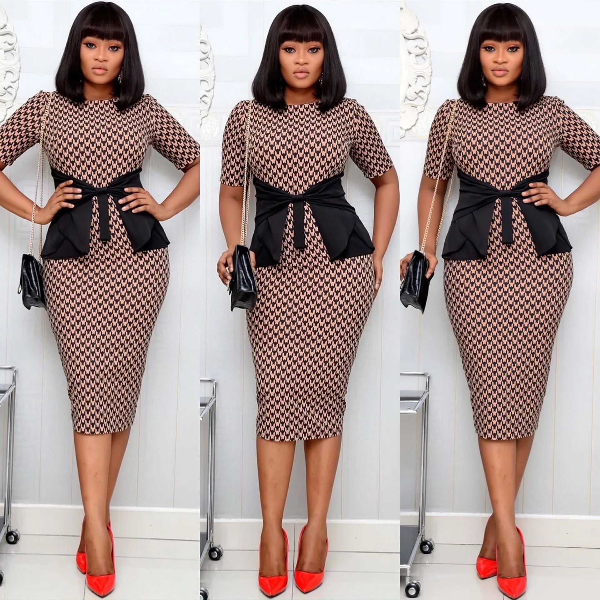 

European and American style printed large size printed dress Sheath Office Lady Polyester Print Zippers