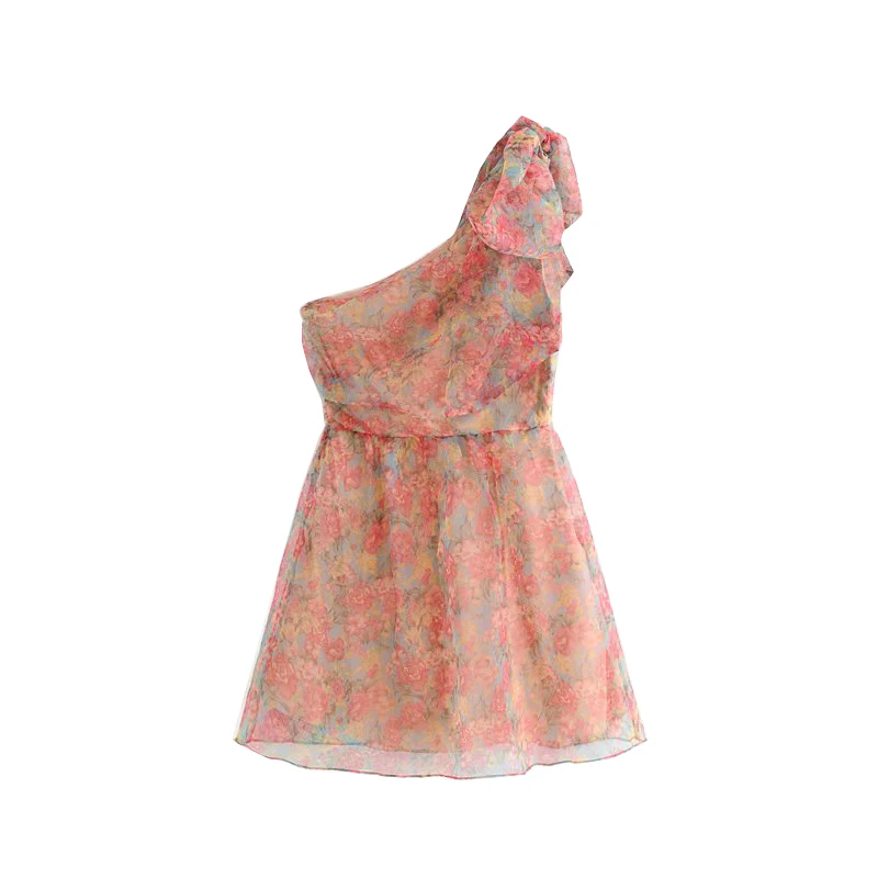 Винтажное стильное платье из органзы с цветочным принтом, Асимметричное мини платье для женщин, модное платье с боковой молнией и бантом, шикарное платье vestidos mujer - Цвет: as picture