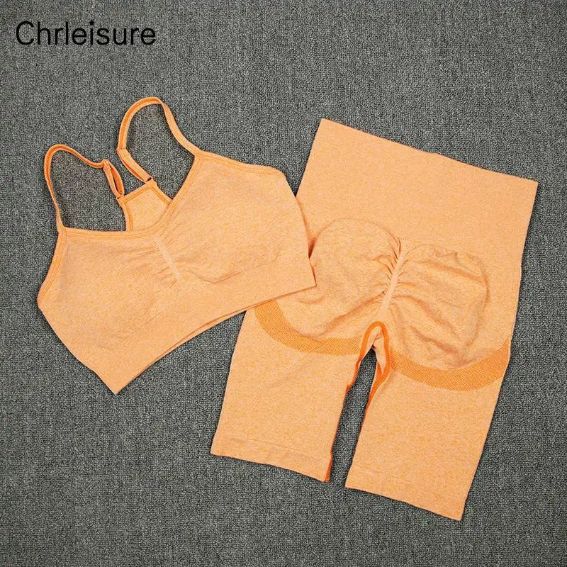 CHRLEISURE-chándal deportivo de cintura alta para mujer, conjunto de 2 uds. De ropa para correr, sujetador Sexy para ejercicio sin costuras