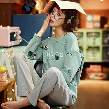 

Cartoon Cute Women's Pajamas Cotton Sleepwear Casual Round-neck Pijama Pijama Mujer Clothes For Home Lounge Wear Autumn