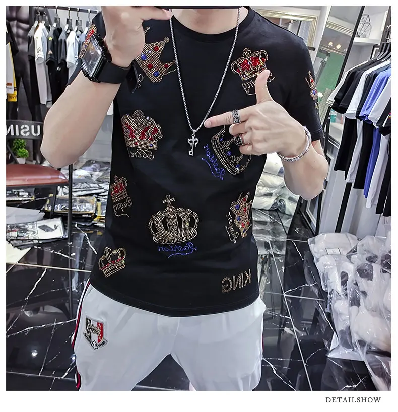 New Men Luxury Rhinestones Fashion Diamond Black White T