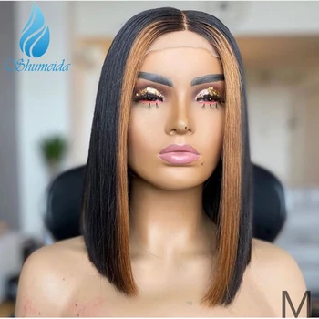 

Ombre Brown 13*6*1 Lace Front Wigs with Middle Part 150% Density Peruvian Remy Human Hair Short BoB Highlight Wig with Baby Hair