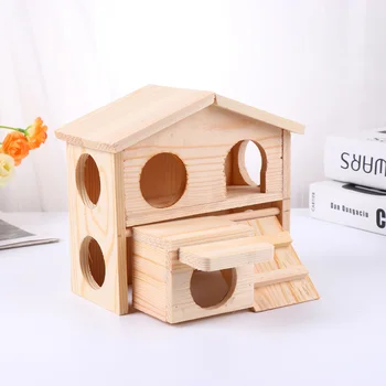 

Hamster Molar Wooden House Adorable Slope Ladder Pet Hut Multi-entrance Hamster Cabin Blank Color Large Capacity Double Layer Ra