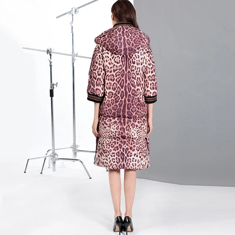 Одежда с леопардовым принтом, пуховик на белом утином пуху, винтажные повседневные зимние куртки, женские топы, теплое пуховое пальто, Длинная женская парка Aa007