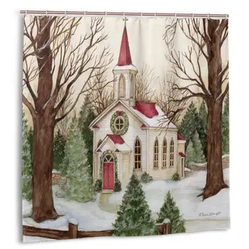 

Beautiful Vintage Inspired Church Christmas Shower Curtain Polyester Waterproof 12 Hooks Fabric Modern Bathroom Home Decor Set