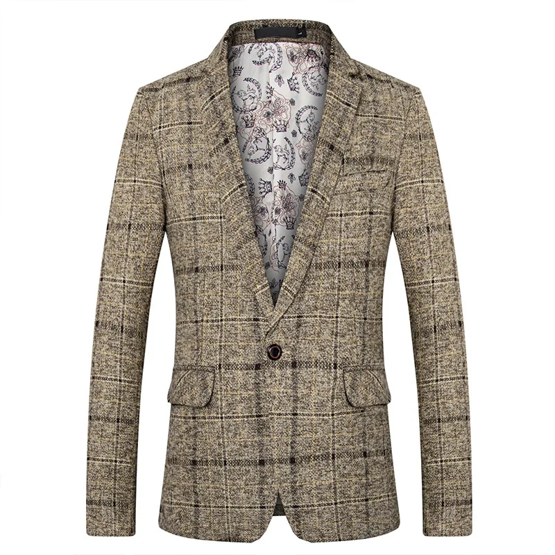 

Spring And Autumn Casual Coat Fine Grid Woolen Small Suit Men's Slim Fit Handsome Single Suit Middle-aged Set Tops