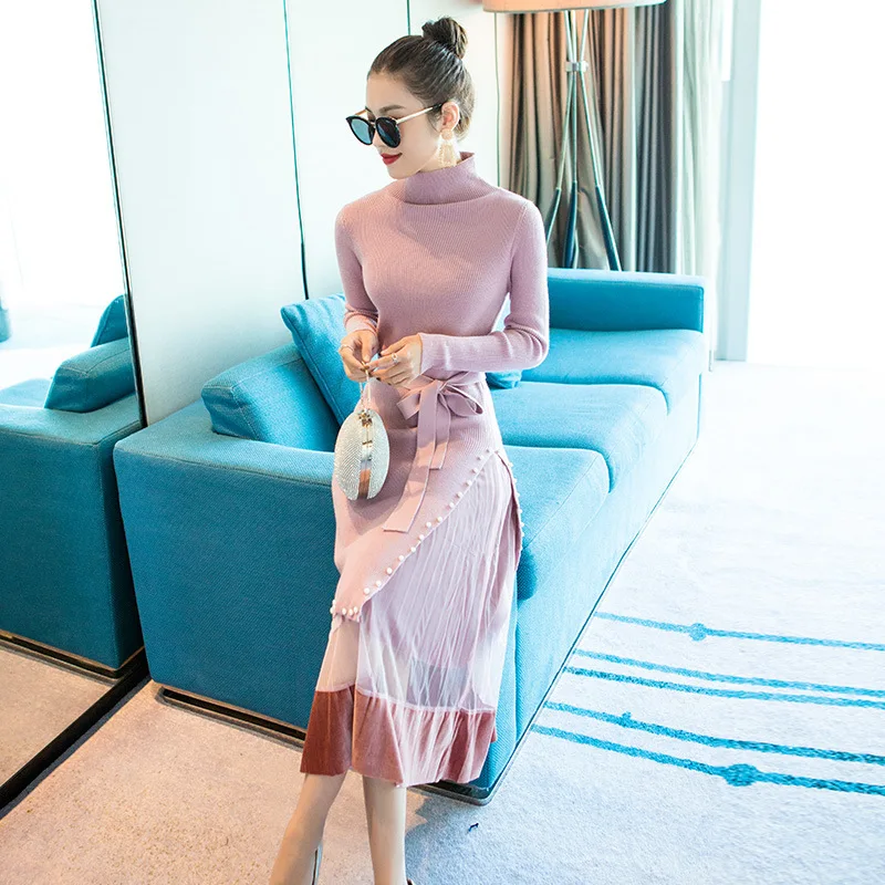 

2020 Spring New Style Women's Dress Long Sleeve Joint Irregular Dress Versatile Elegant Gauze Skirt