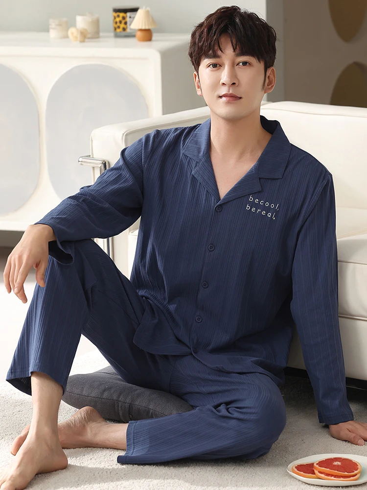 Men Family Pajamas 100% Cotton Spring Dark Blue Pyjamas Pants Bedroom Simple Autumn 2 Pcs Home Clothes Pijamas Suits New Fashion