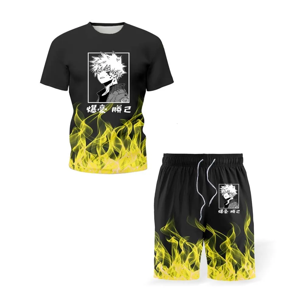 

Спортивный костюм Bakugou Katsuki Bakugo Flame косплей аниме Моя геройская Академия Мужская футболка шорты костюм из двух частей оверсайз повседневный летний