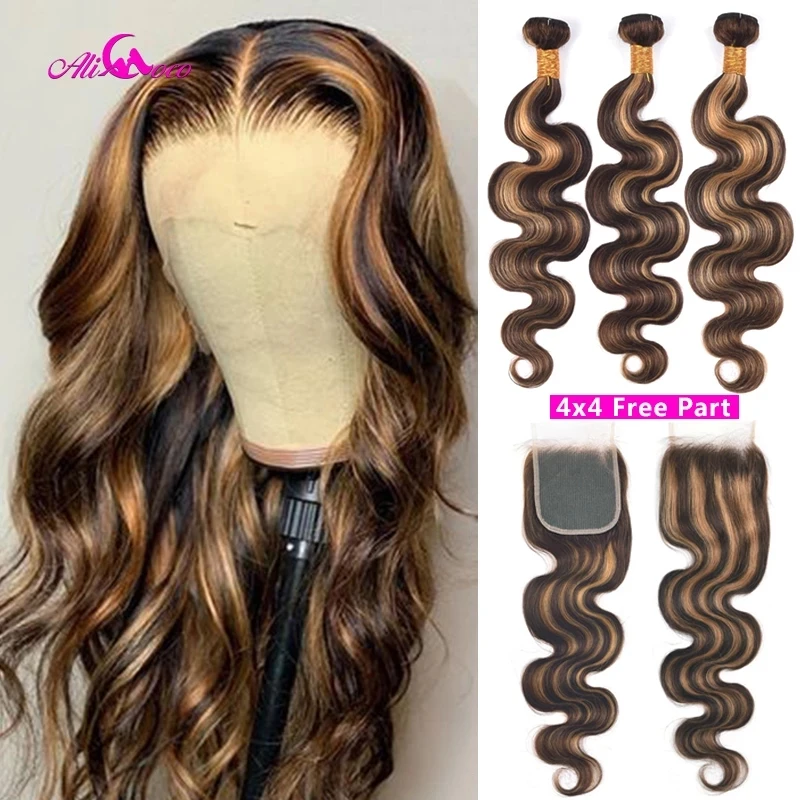 Pacotes com Fechamento Pacotes de Cabelo Onda do Corpo Remy com Fechamento Coco Destaque Colorido Cabelo Ombre Brasileiro p4 - 30 Humano Ali 1 pacotes com fechamento p4 30 pacotes de