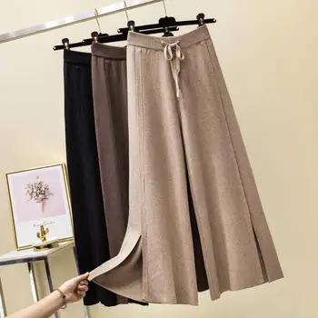 

Women Loose solid Casual Soft Pants 2019 Autumn Winter Knit Cashmere Sweater Wide Leg Pants Elastic Waist Bow Tie Split Trousers