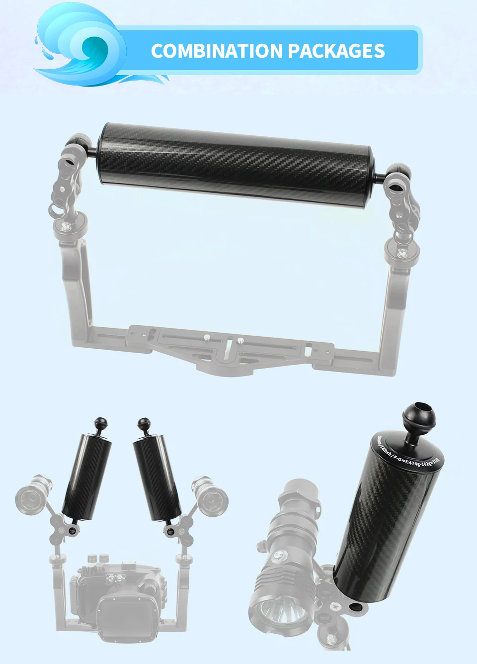D60mm 5/8/10/12 Zoll Kohle faser Float Auftrieb Wasser arm Dual Ball 1 Zoll für Gopro/Yi/Osmo Action Sport DSLR Kamera halterung – Detail 4
