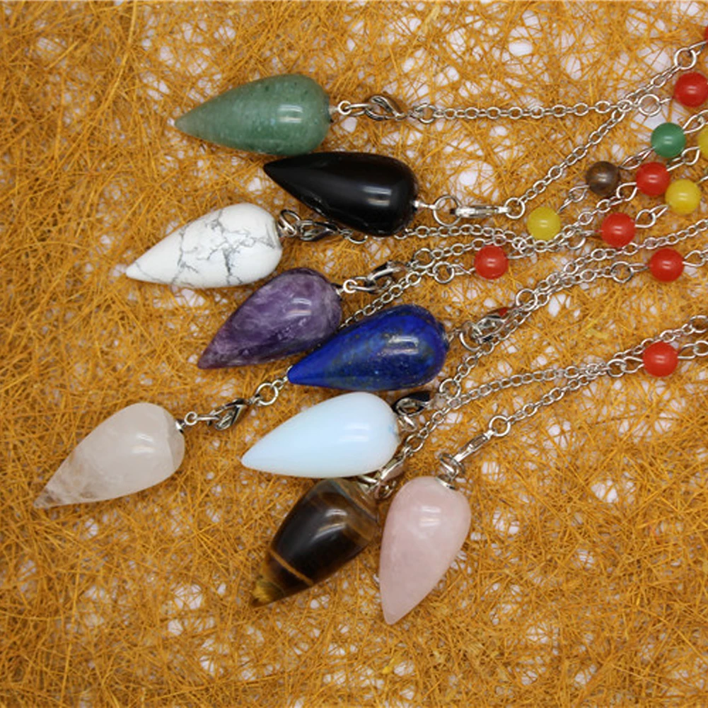 

Wholesale 6pcs/lot Seven Chakra Pendulum for Dowsing Divination Natural Stone Crystal Quartz Droplet Pendants Pendule pendulos