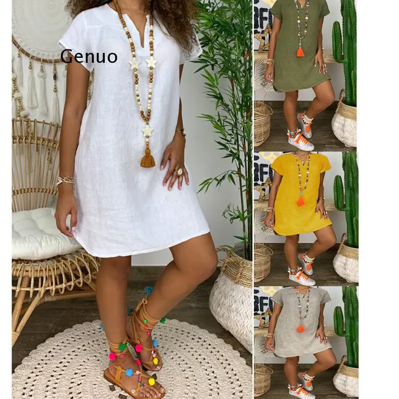 

Women Cotton Linen Short Sleeve Dress 2021 Summer V-Neck Solid Color Casual Loose Mini Vestidos Fashion Streetwear 5XL