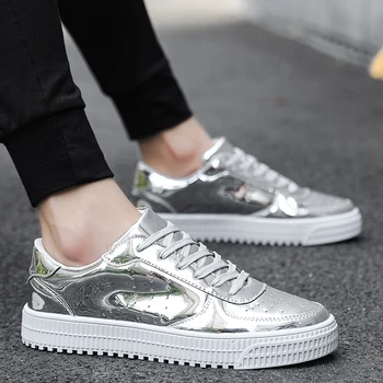 

Stylish Easy Bottom Leather Casual Shoes Men Bling Glossy Young Fashion Men Women Shoes Male Gold Silver Lace Up Unisex Footwear