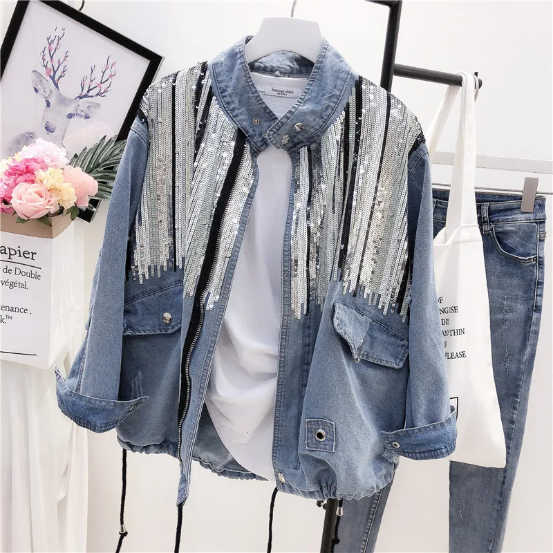 

2019 New Spring Autumn Fashion Loose denim jacket Women Streetwear Heavy craft Sequins Jackets All-Match windbreaker Coats Mw747