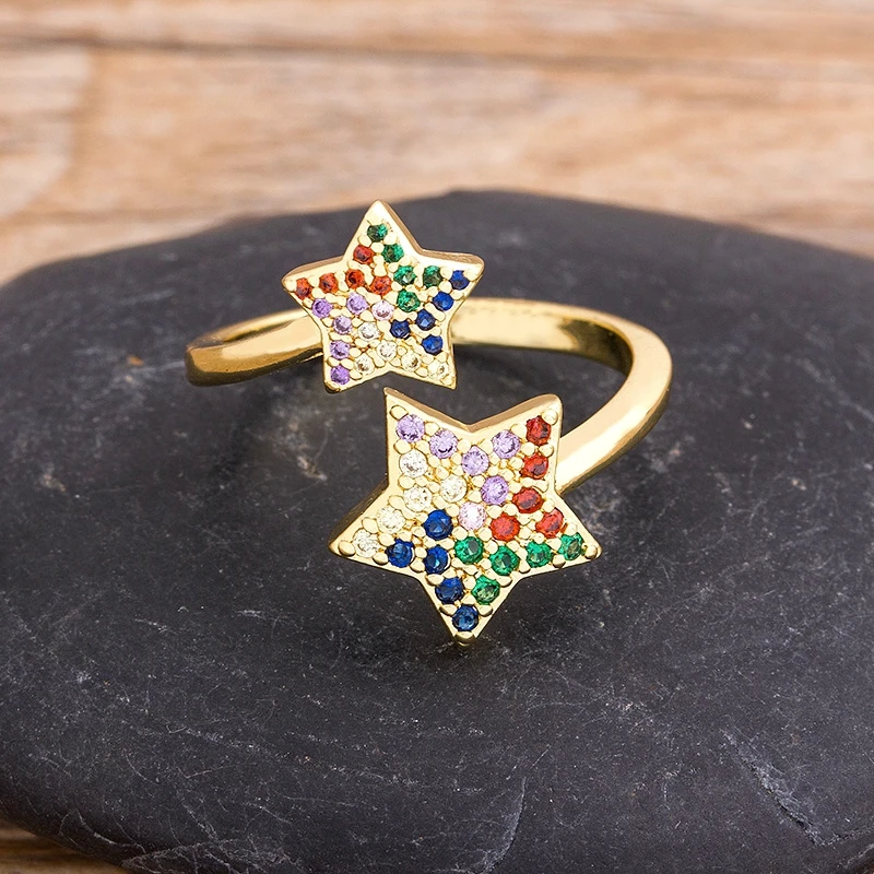 New Design Fashion Star Open Rings Female Rhinestone Rainbow Color Copper Zircon Engagement