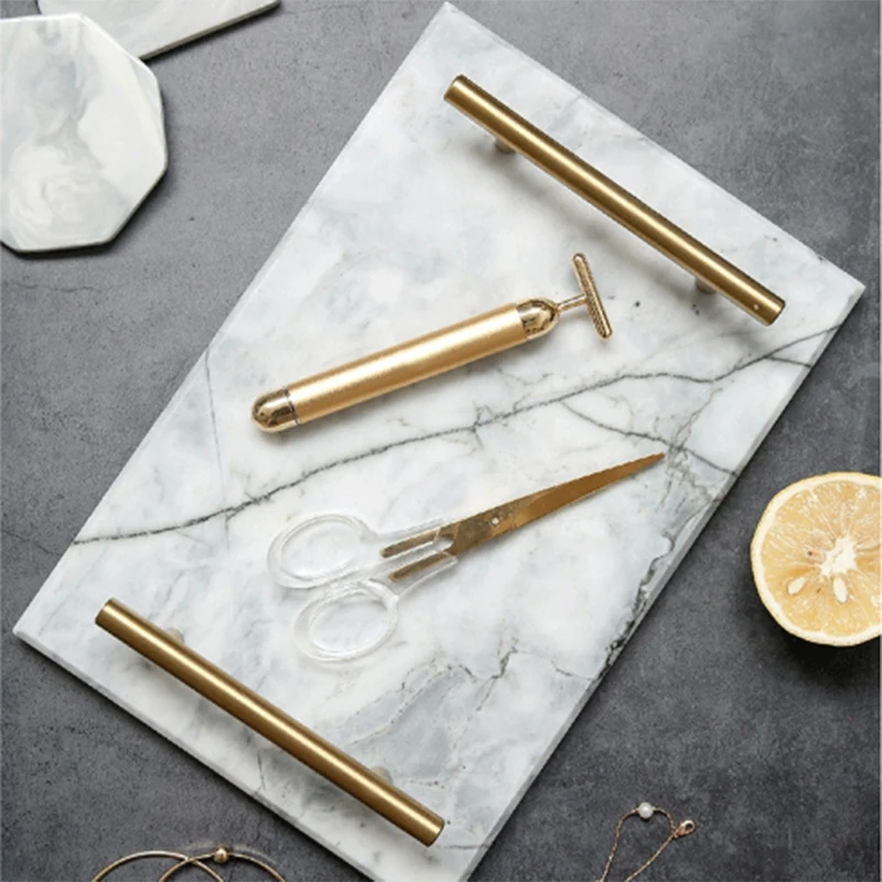 

Nordic Style Gold-Plated Handle Ceramic Marble Tray Storage Tray Storage Board Cake Dessert Plate Sushi Plate Jewelry Display Tr