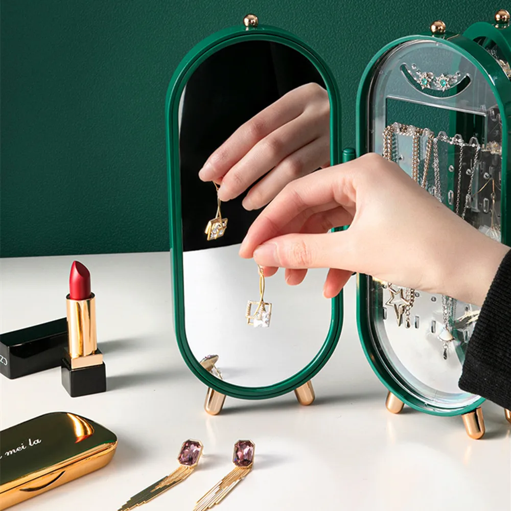 Jewelry desktop storage box ring necklace earrings dustproof finishing bag portable with makeup mirror folding screen cosmetic