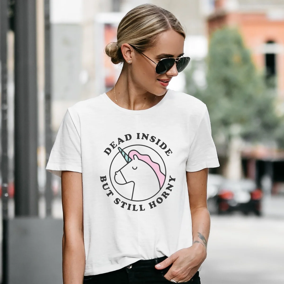 sunfiz YF Dead Inside But Still Horny Unicorn Letter Printed T Shirt Women Short Sleeve Cute Unicorns Tee Tops | Женская одежда