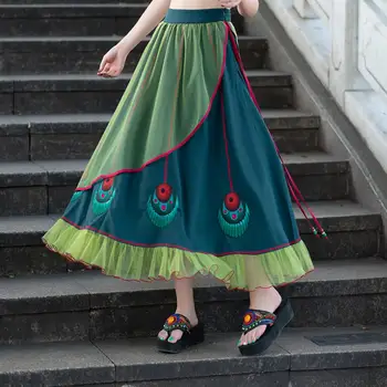 

online chinese store faldas mujer moda 2020 vintage skirts womens autumn ethnic long green patchwork midi skirt jupe femme