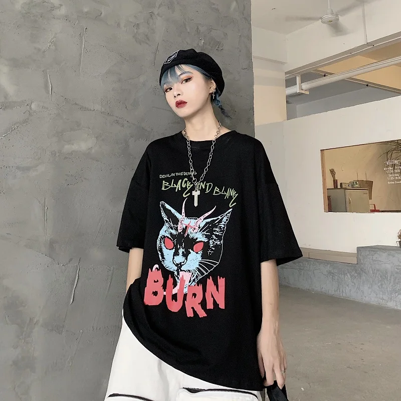 

Focal20 Streetwear Dark Cat Letter Print Women T Shirt Short Sleeve Loose Summer Black Women T-shirt Crew Neck Lady T-shirts