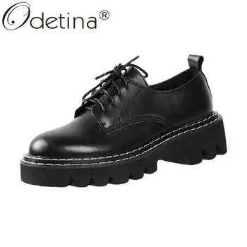 

Odetina Women Retro Non-slip Block Mid Heel Lace Up Derby Shoes Lady Cow Leather Patent Leather Round Toe Sewing Oxfords Shoes